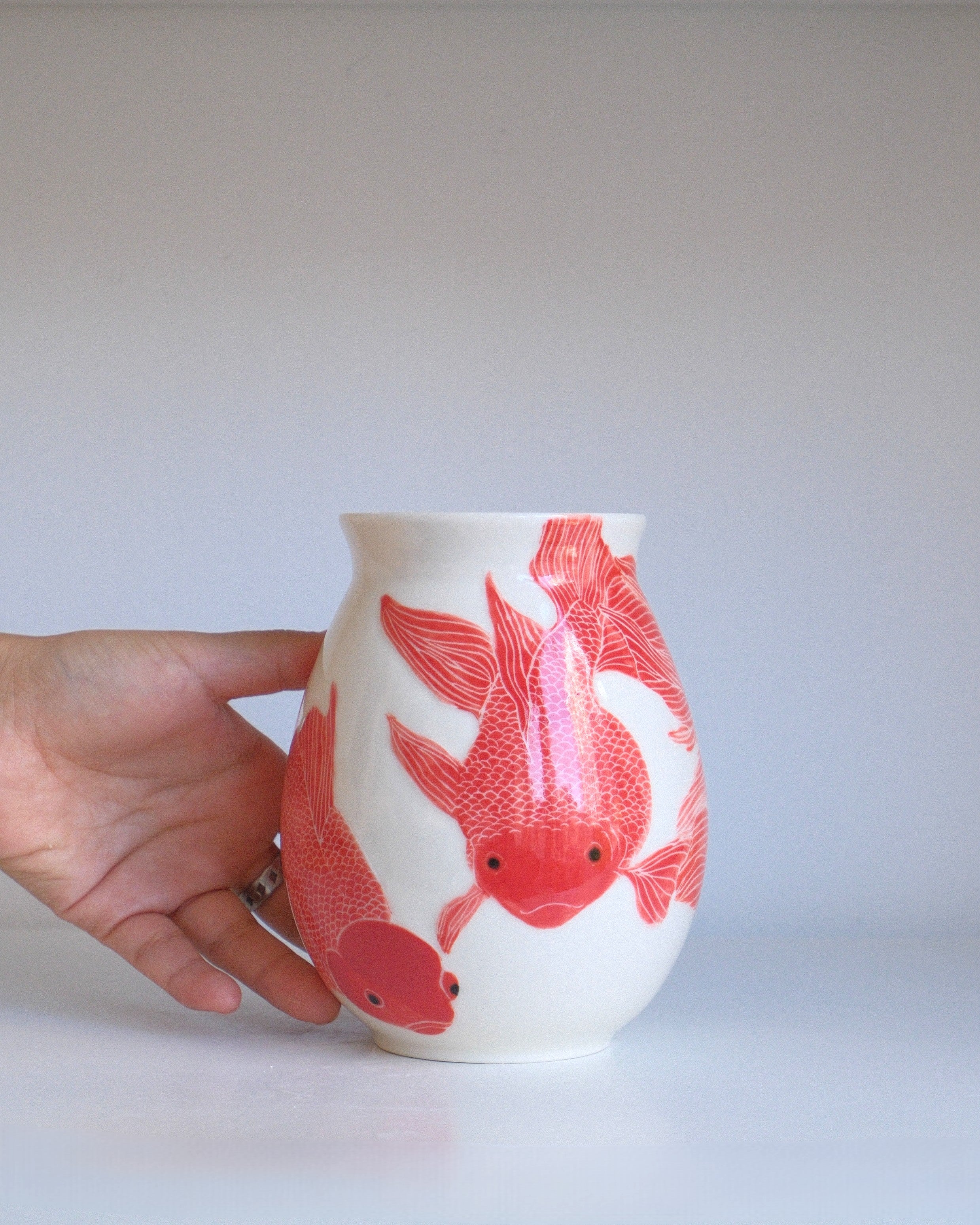 Porcelain Vessel 001 - Three Goldfish Adrift - Round/Medium