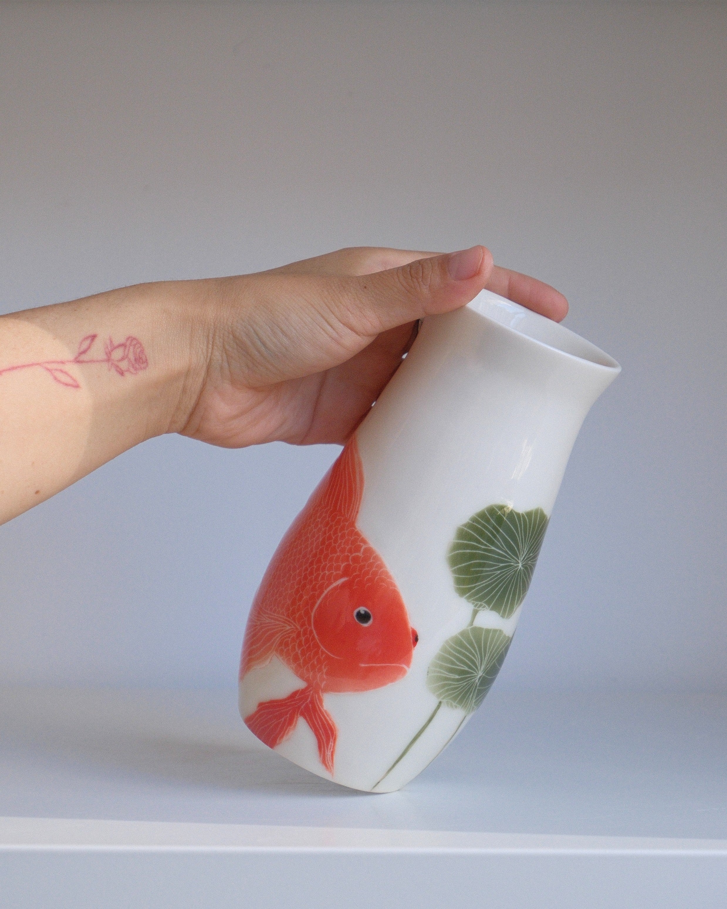 Porcelain Vessel 002 - A Goldfish & Pond Lilies - Tall/Small